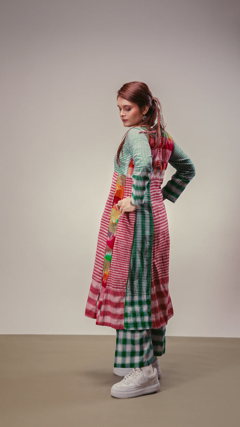 Aura Dress + Palazzo Set gamcha co-ord set by 145 East in green, red, multicolour for women in Singapore