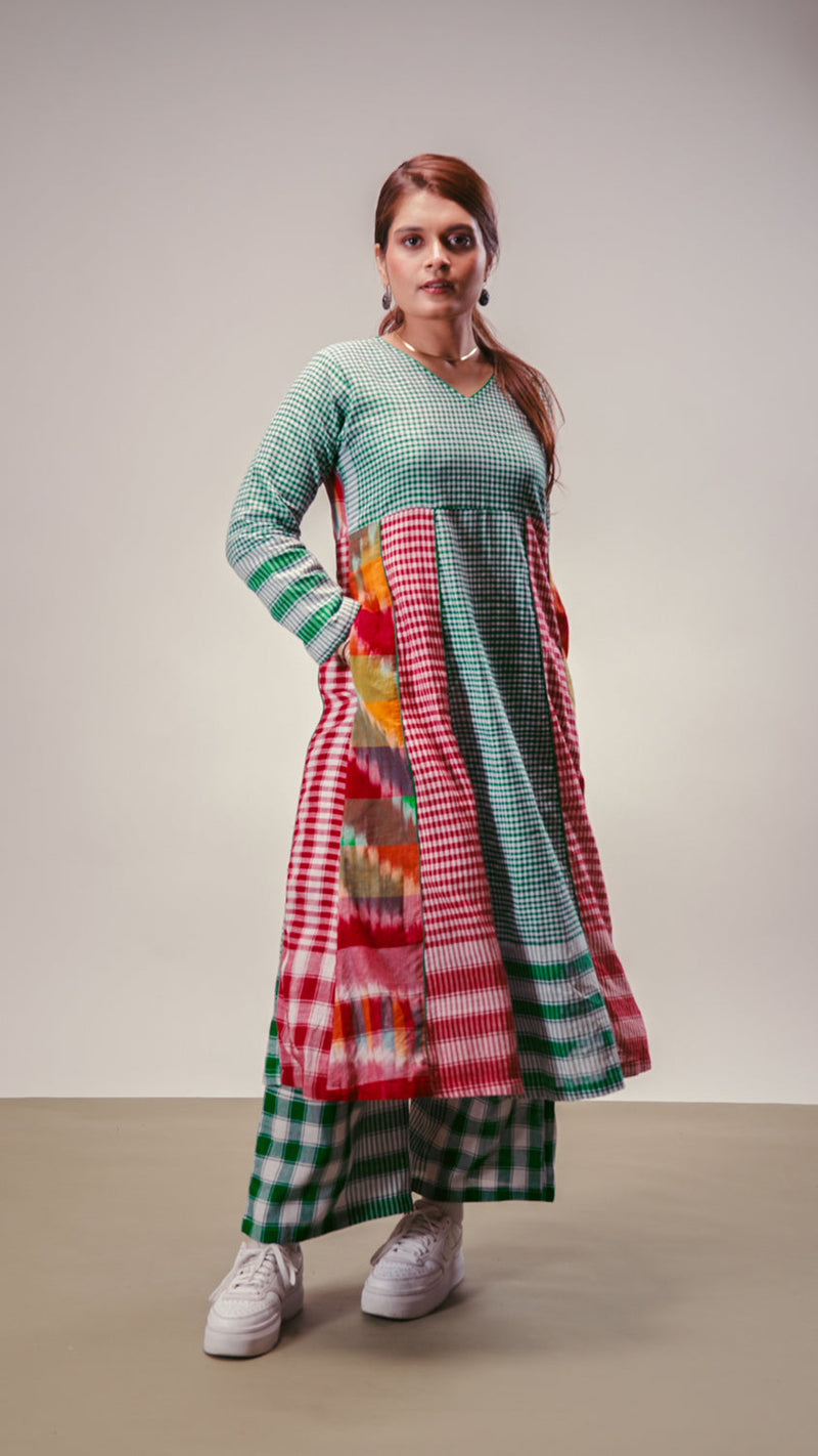 Aura Dress + Palazzo Set gamcha co-ord set by 145 East in green, red, multicolour for women in Singapore