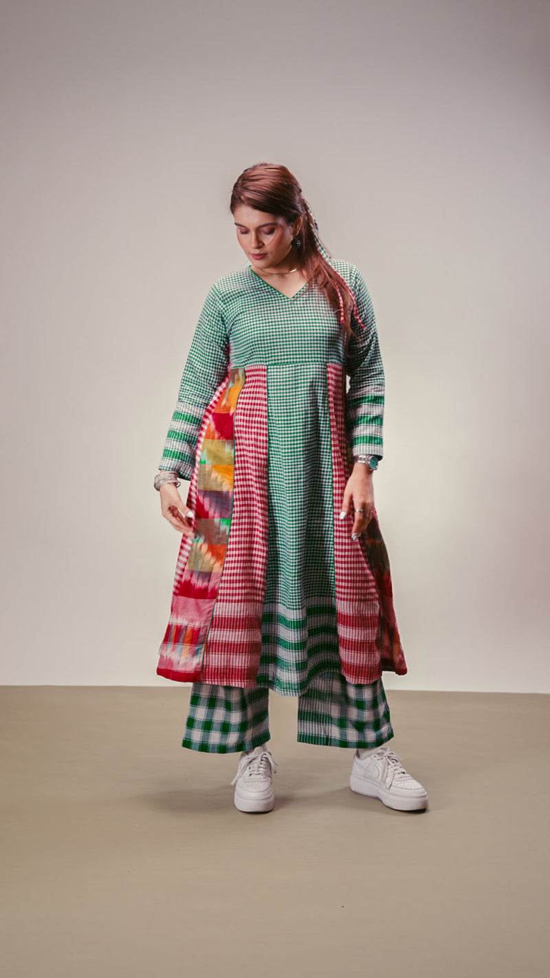 Aura Dress + Palazzo Set gamcha co-ord set by 145 East in green, red, multicolour for women in Singapore