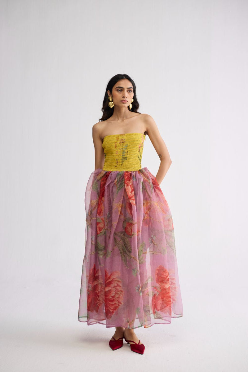 BERRY SMOCKED ORGANZA DRESS cotton & organza dress by YAM in multicolor for women in Singapore