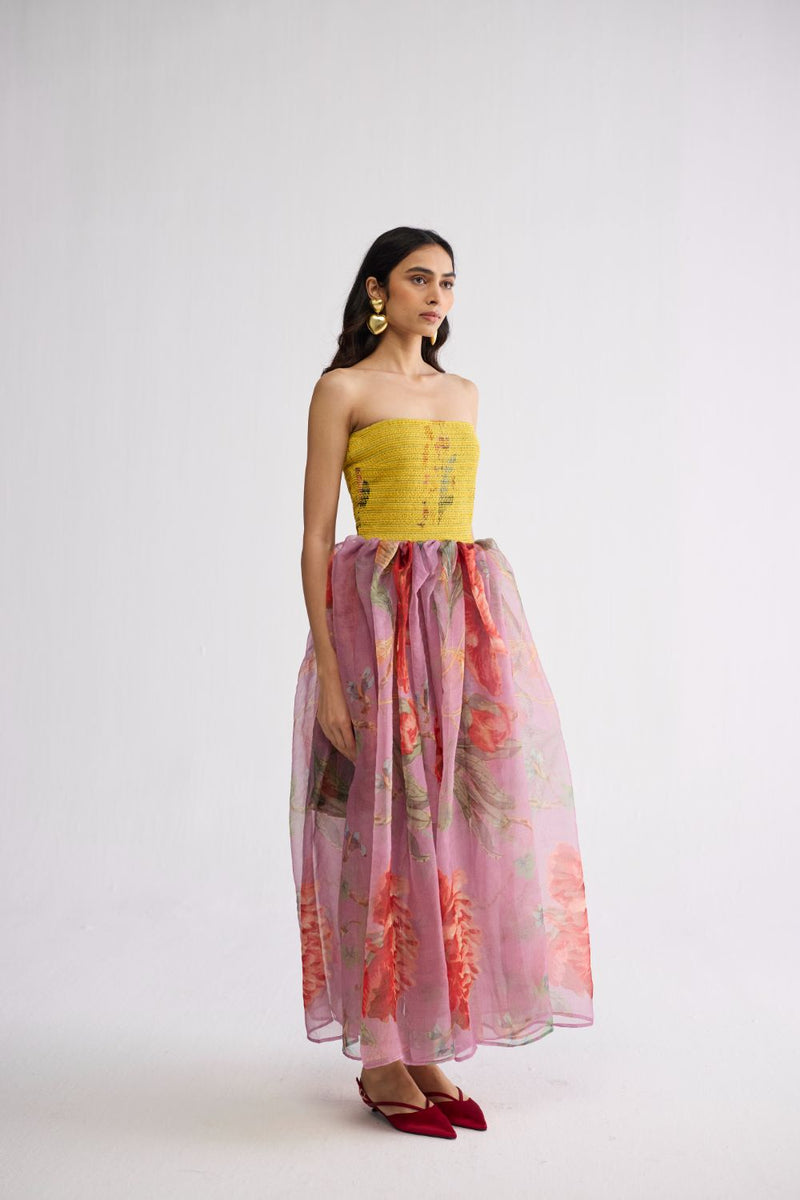 BERRY SMOCKED ORGANZA DRESS cotton & organza dress by YAM in multicolor for women in Singapore