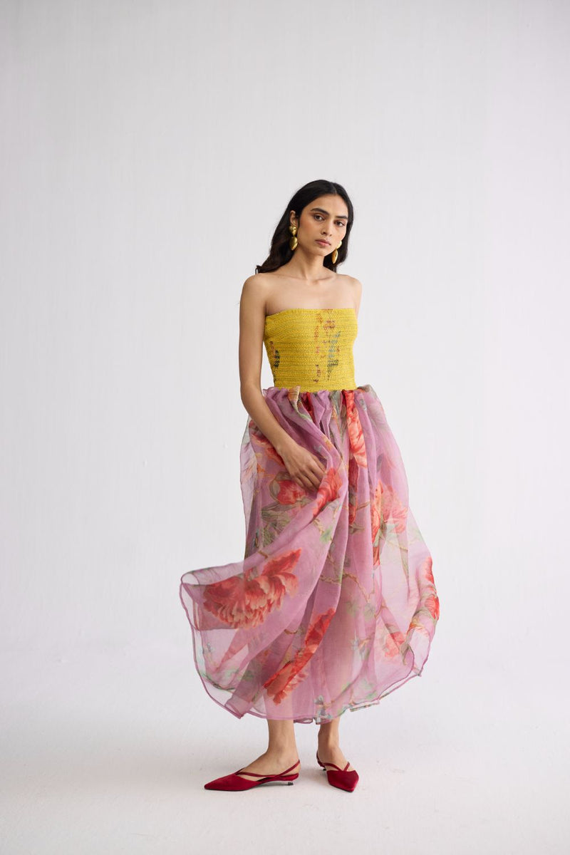 BERRY SMOCKED ORGANZA DRESS cotton & organza dress by YAM in multicolor for women in Singapore