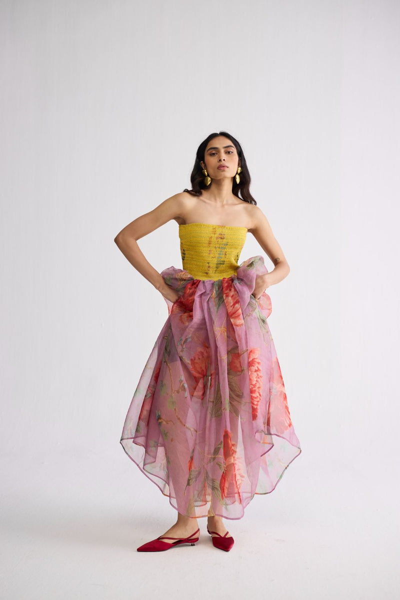 BERRY SMOCKED ORGANZA DRESS cotton & organza dress by YAM in multicolor for women in Singapore
