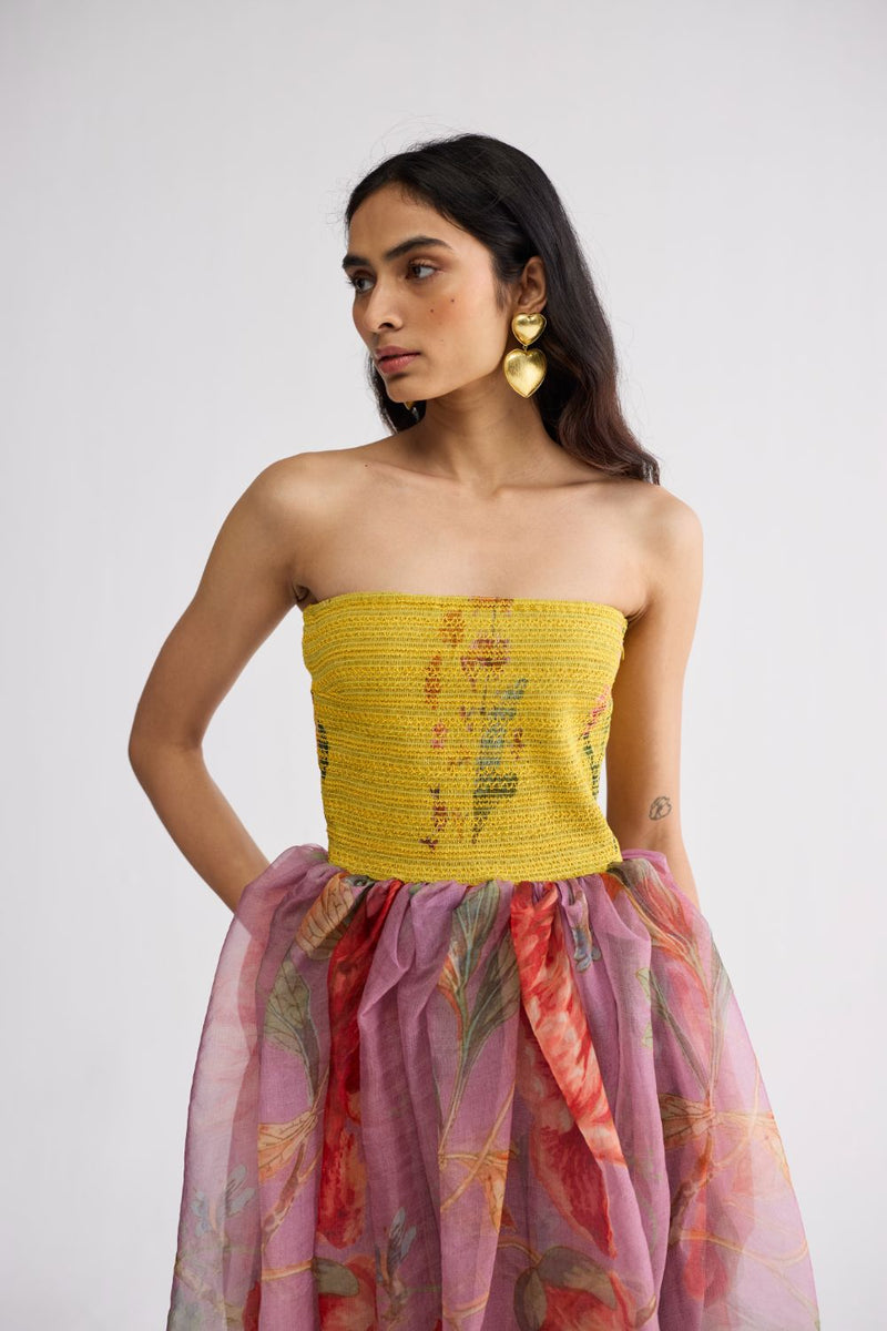 BERRY SMOCKED ORGANZA DRESS cotton & organza dress by YAM in multicolor for women in Singapore