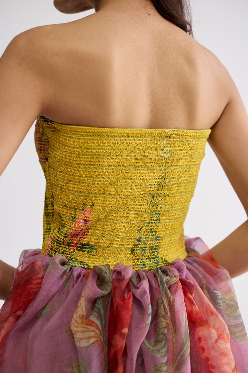 BERRY SMOCKED ORGANZA DRESS cotton & organza dress by YAM in multicolor for women in Singapore
