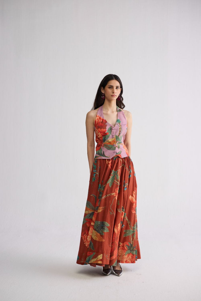 VINE & BERRY HALTERNECK WAISTCOAT & SKIRT SET cotton cambric co-ord set by YAM in red & purle for women in Singapore