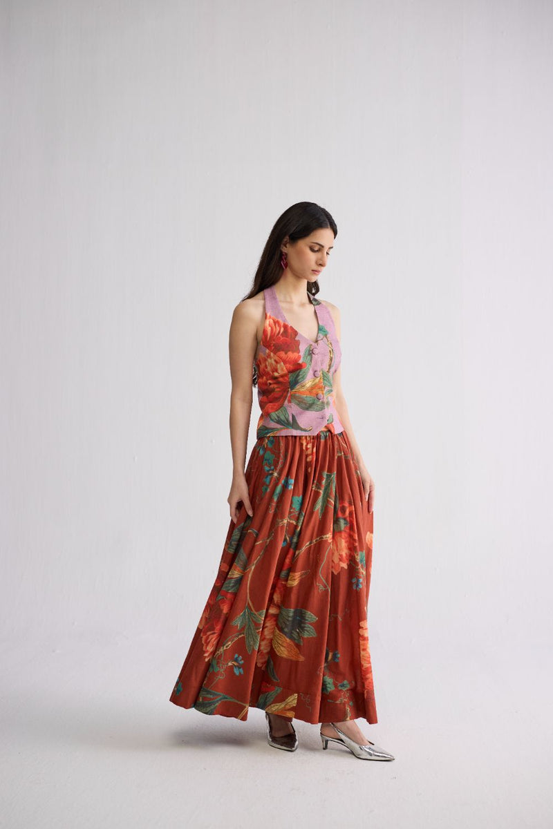 VINE & BERRY HALTERNECK WAISTCOAT & SKIRT SET cotton cambric co-ord set by YAM in red & purle for women in Singapore