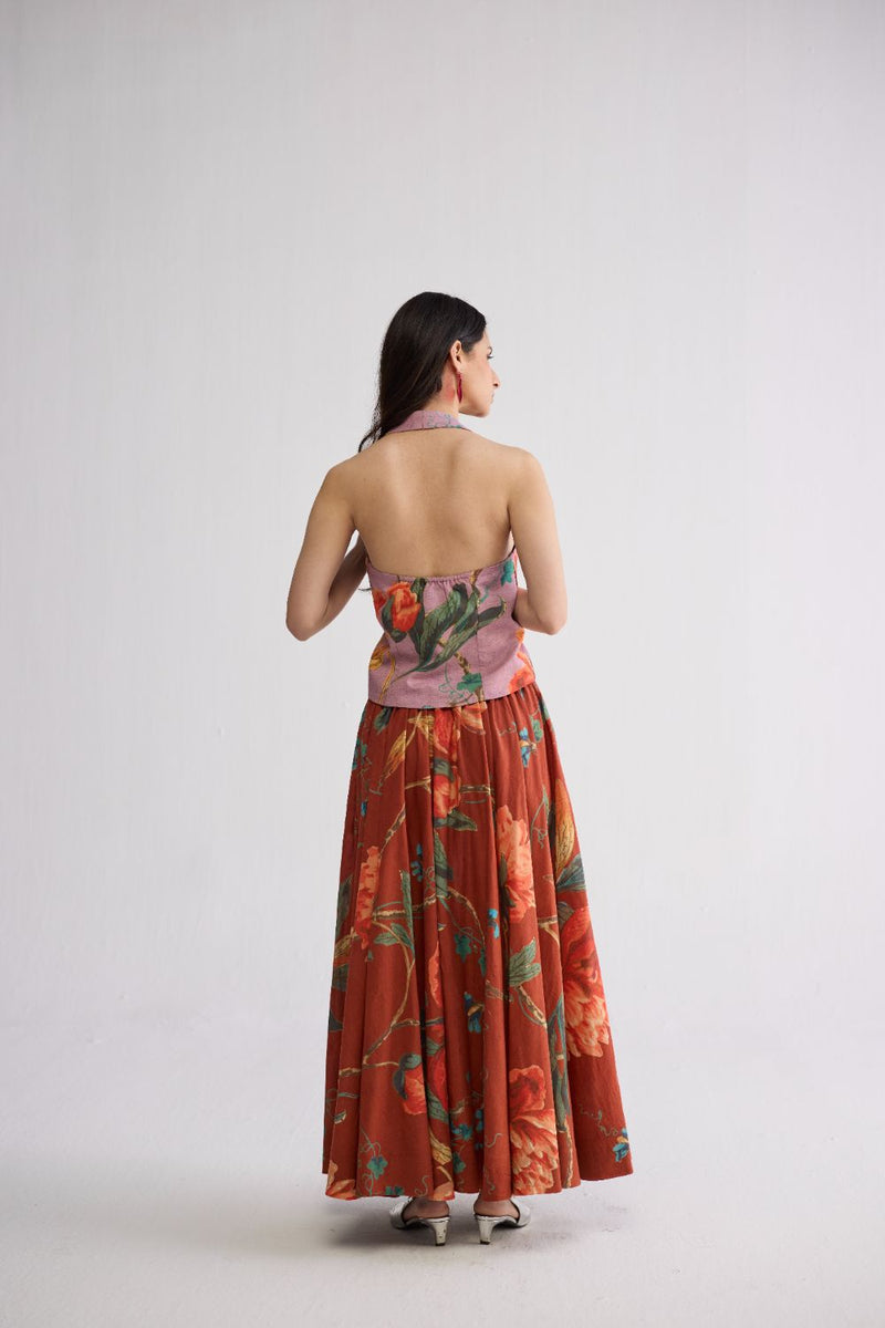 VINE & BERRY HALTERNECK WAISTCOAT & SKIRT SET cotton cambric co-ord set by YAM in red & purle for women in Singapore
