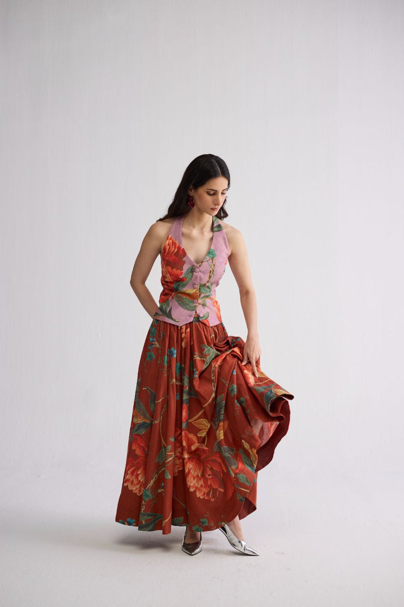 VINE & BERRY HALTERNECK WAISTCOAT & SKIRT SET cotton cambric co-ord set by YAM in red & purle for women in Singapore