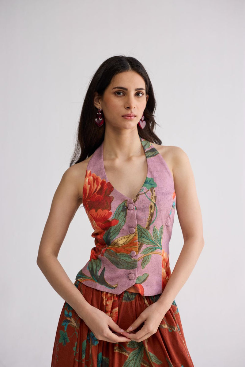 VINE & BERRY HALTERNECK WAISTCOAT & SKIRT SET cotton cambric co-ord set by YAM in red & purle for women in Singapore