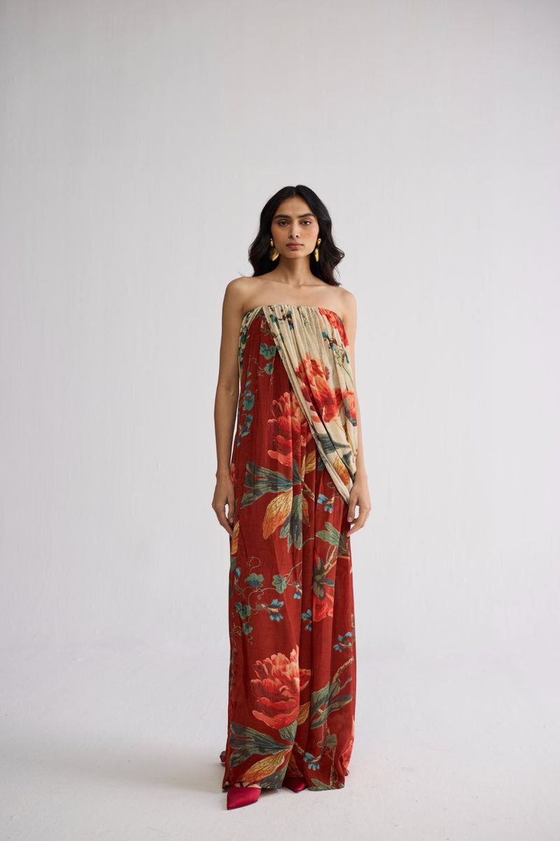 VINE CREPE DRAPED DRESS crepe dress by YAM in white & red for women in Singapore