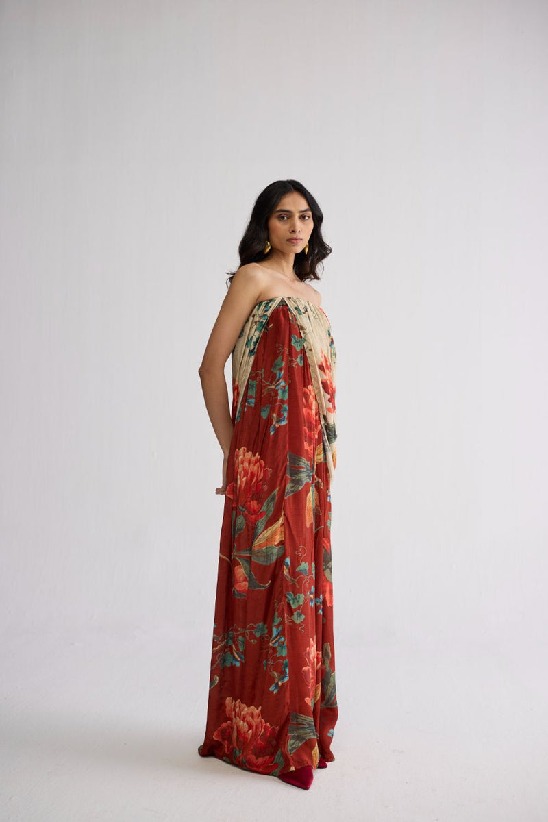 VINE CREPE DRAPED DRESS crepe dress by YAM in white & red for women in Singapore