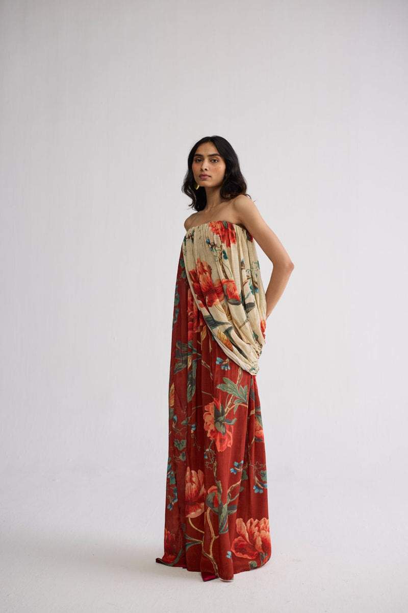 VINE CREPE DRAPED DRESS crepe dress by YAM in white & red for women in Singapore
