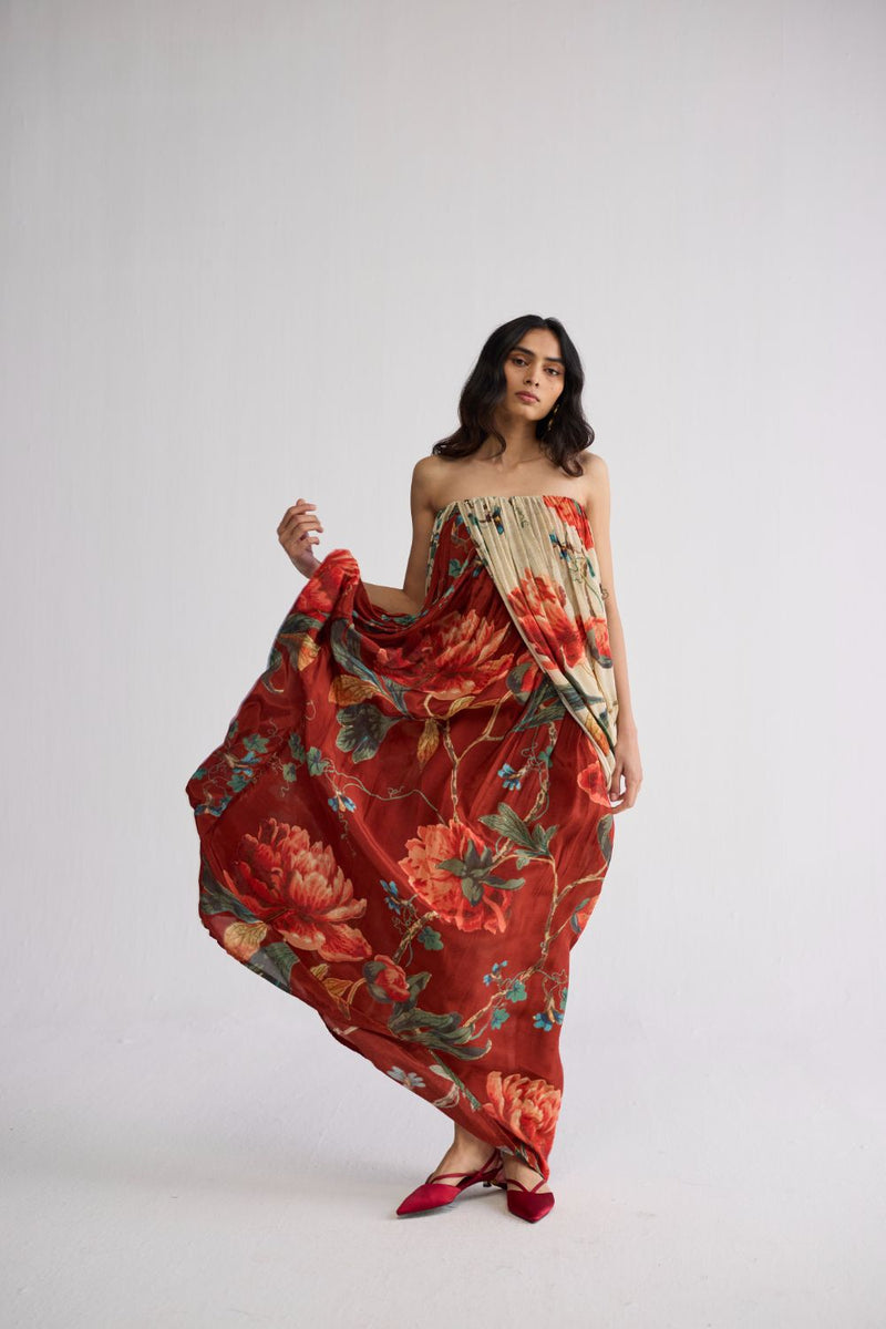 VINE CREPE DRAPED DRESS crepe dress by YAM in white & red for women in Singapore
