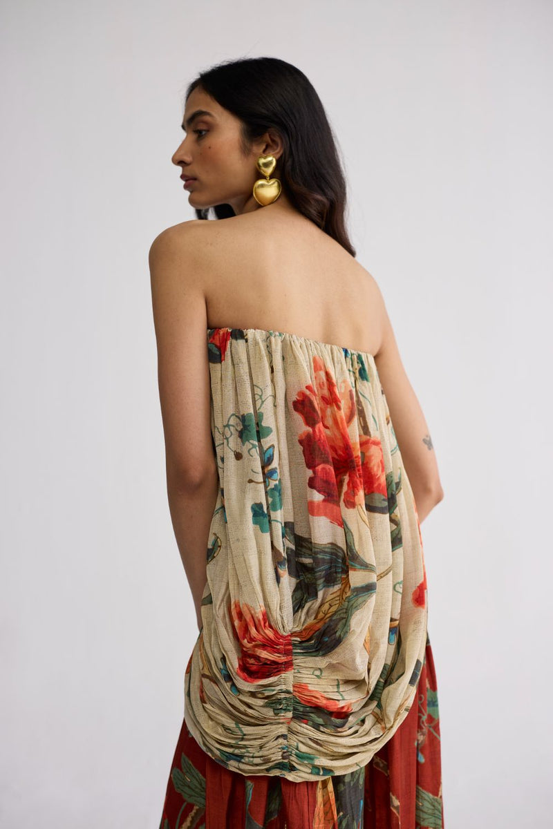 VINE CREPE DRAPED DRESS crepe dress by YAM in white & red for women in Singapore