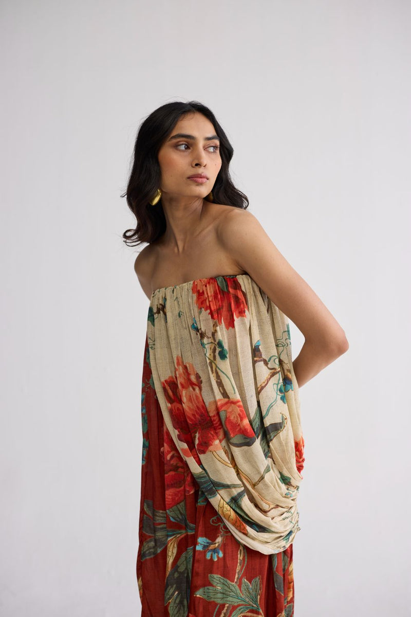 VINE CREPE DRAPED DRESS crepe dress by YAM in white & red for women in Singapore