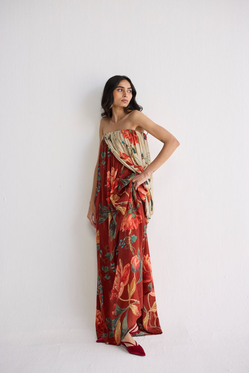 VINE CREPE DRAPED DRESS crepe dress by YAM in white & red for women in Singapore