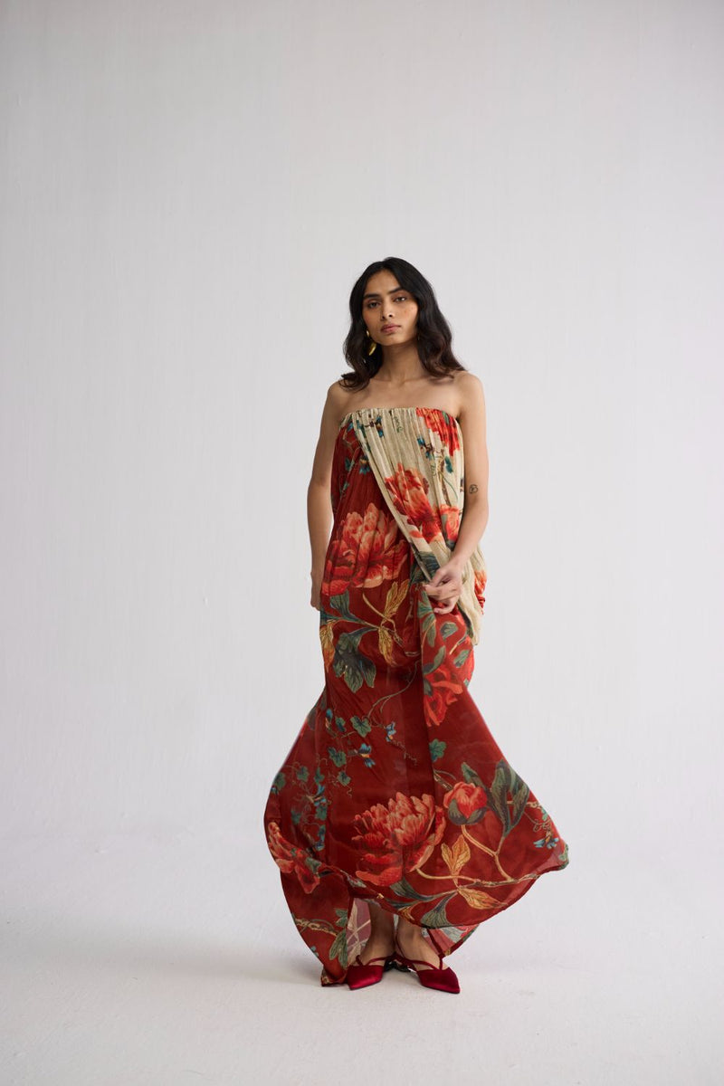 VINE CREPE DRAPED DRESS crepe dress by YAM in white & red for women in Singapore