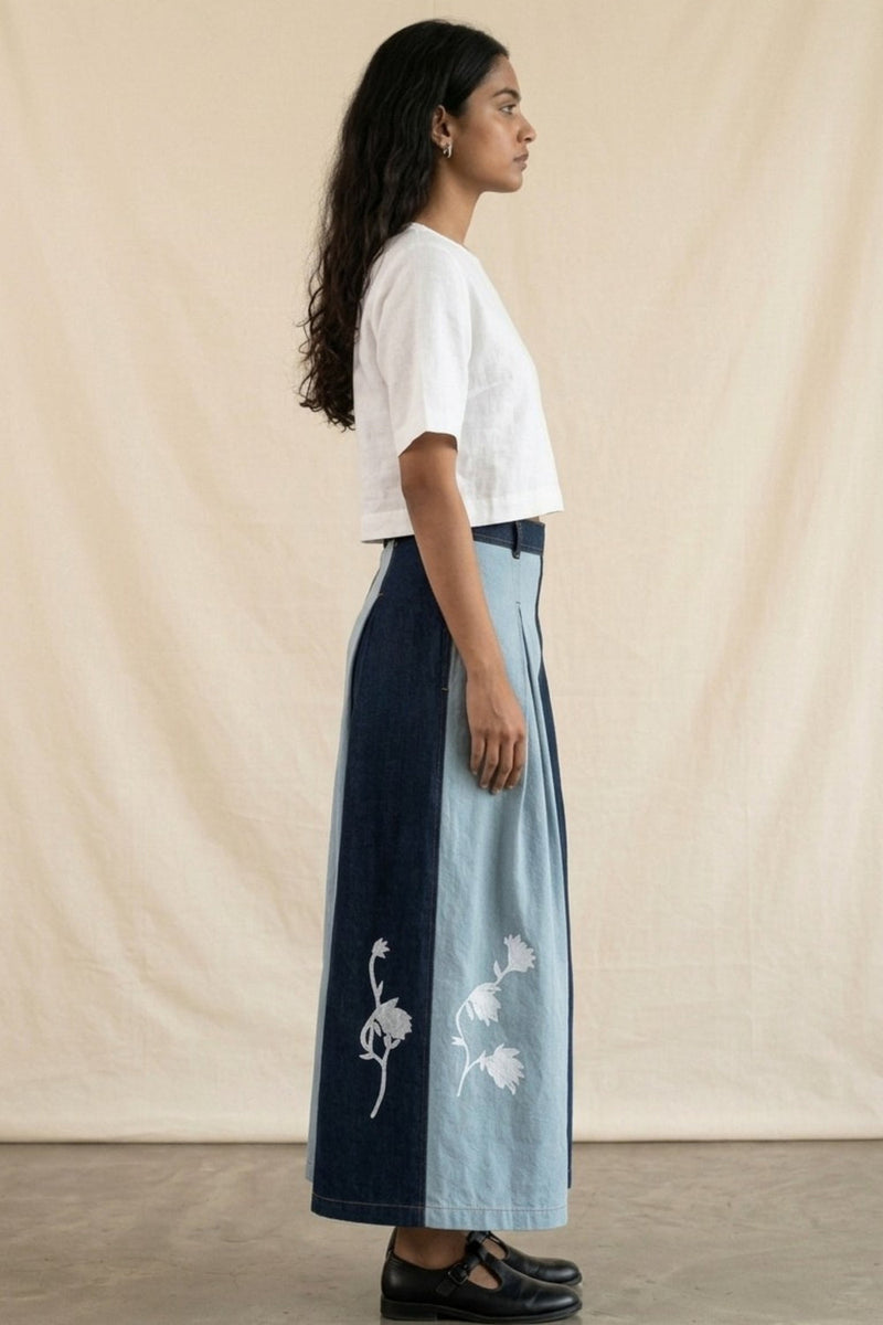 Judy Denim Panelled Skirt denim skirt by Doodlage in blue for women in Singapore