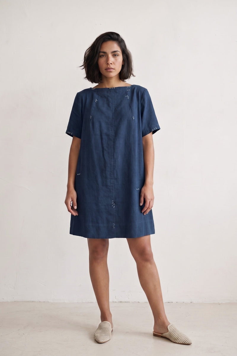 Sora Muted Indigo Dress hemploop, lyocell dress by Doodlage in indigo for women in Singapore