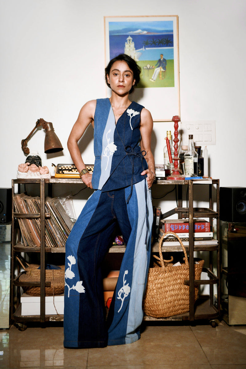 Ember Denim Panelled Pants denim pant/trouser by Doodlage in blue for women in Singapore