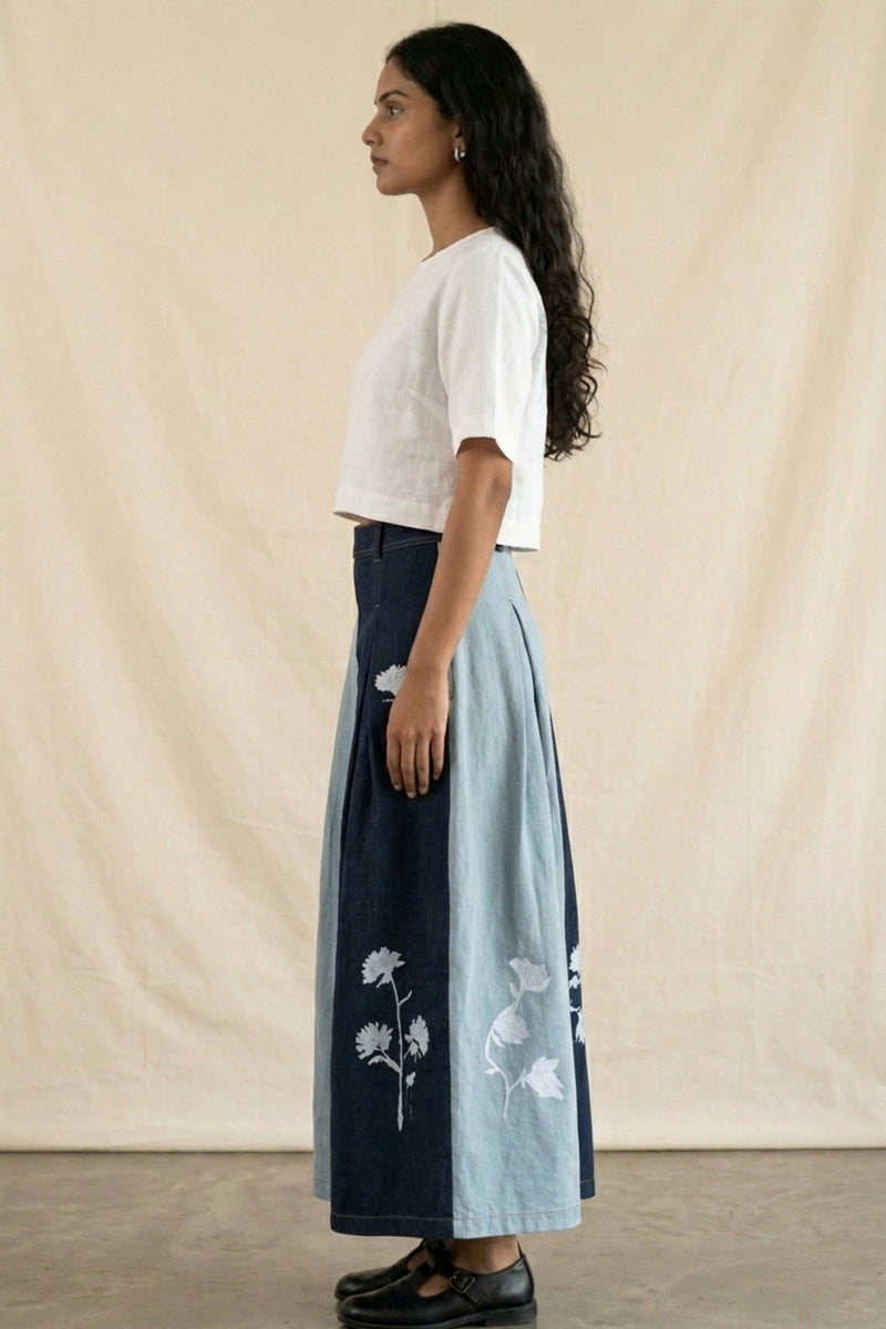 Judy Denim Panelled Skirt denim skirt by Doodlage in blue for women in Singapore