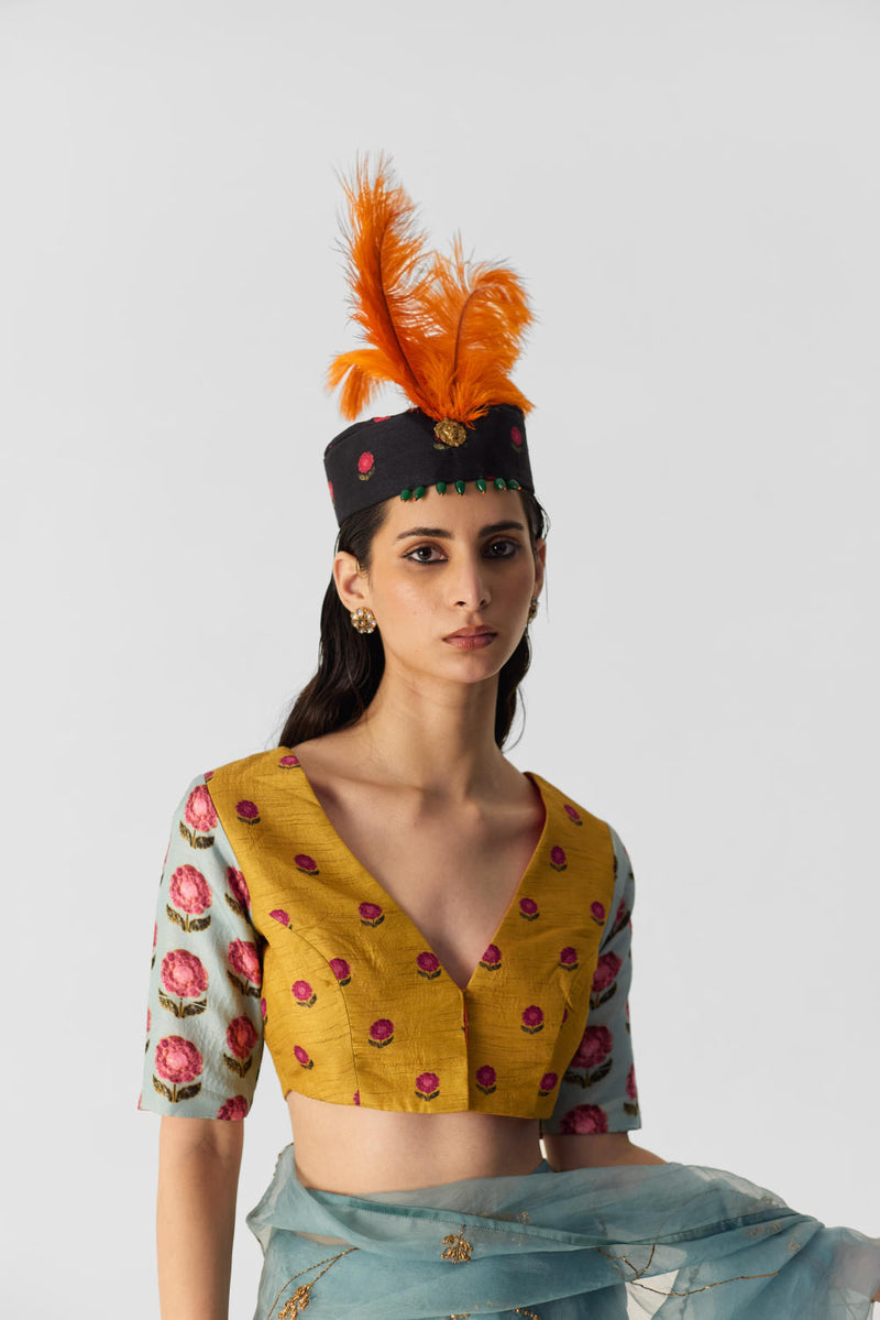 YELLOW BLUE BOOTI BLOUSE silk by Yam in multi color for women in Singapore