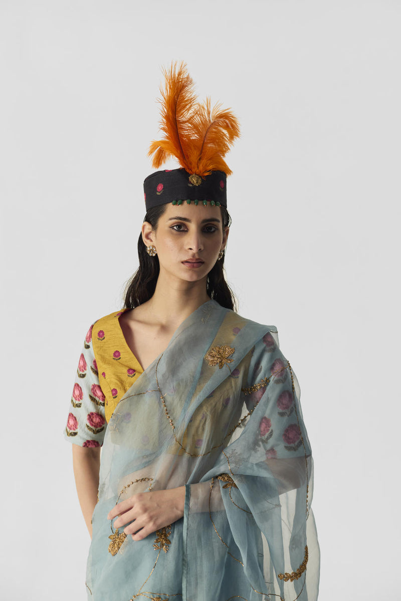 YELLOW BLUE BOOTI BLOUSE silk by Yam in multi color for women in Singapore