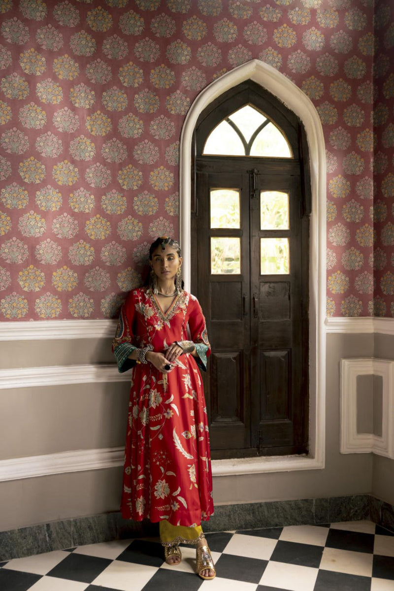 Fariba Red Printed Side Kali Kurta Set Kurta Sets by Rajiramniq for women in Singapore