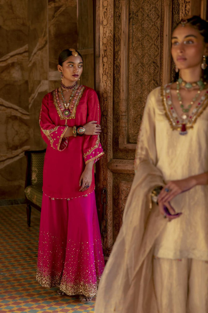 Fariba Red Magenta Silk Sharara Set Kurta Sets by Rajiramniq for women in Singapore