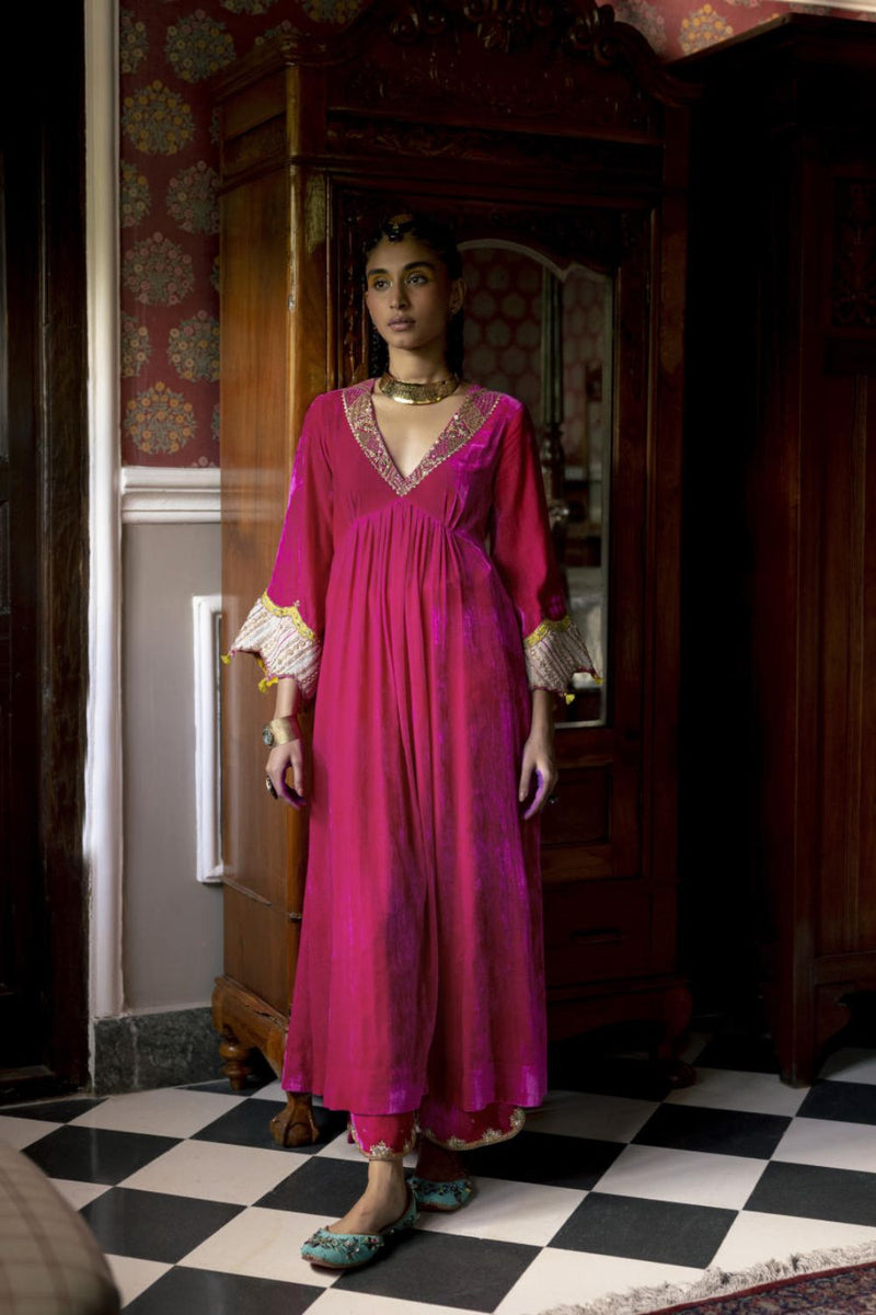 Fariba Hot Pink Bell Sleeve Velvet Kurta Set Kurta Sets by Rajiramniq for women in Singapore