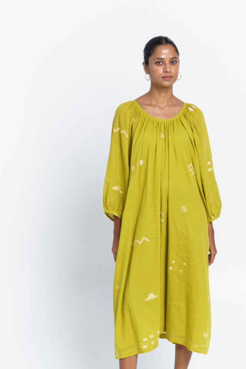 Ochre scoop-neck gathered dress Dress by World of Crow for women in Singapore
