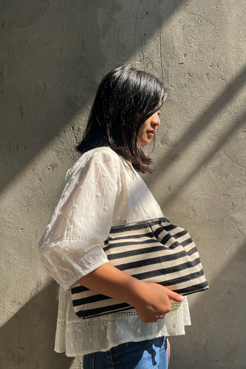 Stripe it Black Clutch cotton Bags by Khara Kapas for women in Singapore