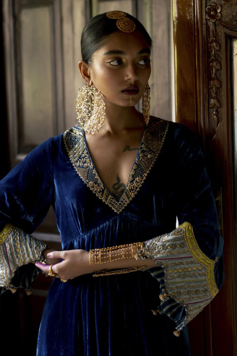 Fariba Blue Bell Sleeve Velvet Kurta Set Kurta Sets by Rajiramniq for women in Singapore