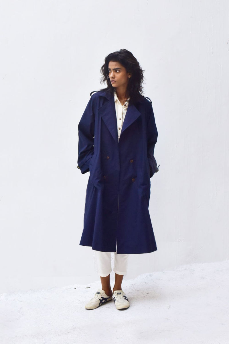 Blue Sage Trench Coat Jackets & Overlays by Khara Kapas for women in Singapore