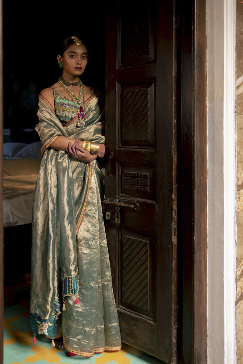 Fariba Teal Tissue Sari Set Sarees by Rajiramniq for women in Singapore