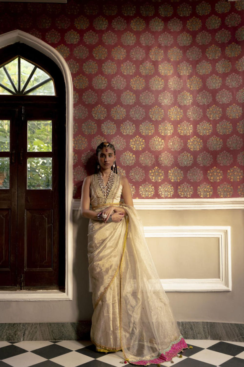 Fariba Ivory Golden Tissue Sari Set Sarees by Rajiramniq for women in Singapore