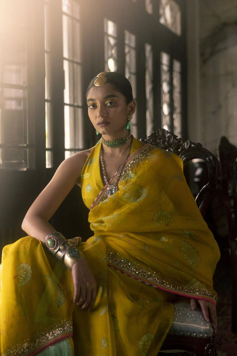Fariba Lime Yellow Sequin Printed Organza Sari Set Sarees by Rajiramniq for women in Singapore