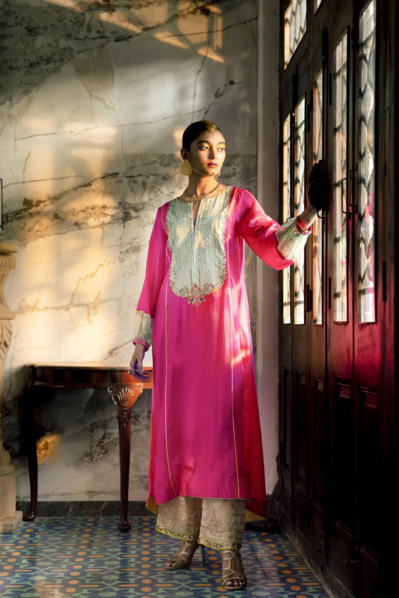 Fariba Hot Pink Silk Back Pleat Yoke Kurta Kurta Sets by Rajiramniq for women in Singapore