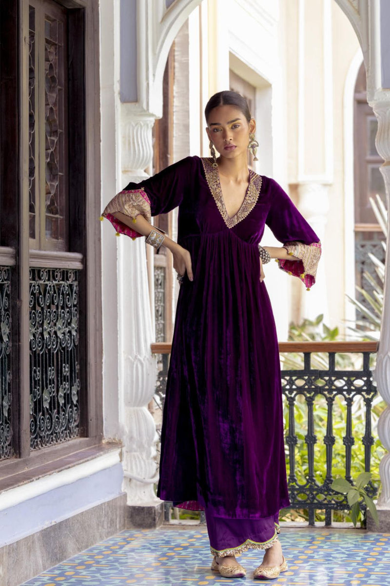 Fariba Purple Bell Sleeve Velvet Kurta Set Kurta Sets by Rajiramniq for women in Singapore