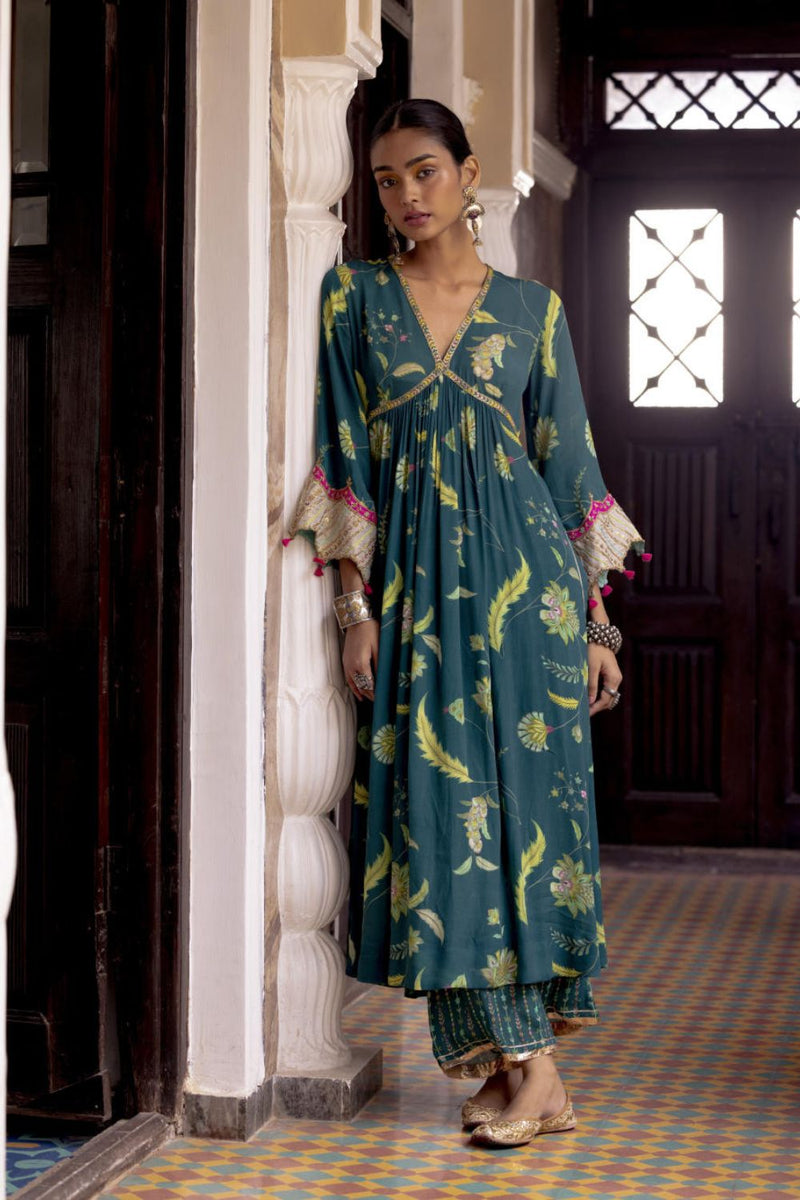 Fariba Teal Bell Sleeve Printed Kurta Set Kurta Sets by Rajiramniq for women in Singapore