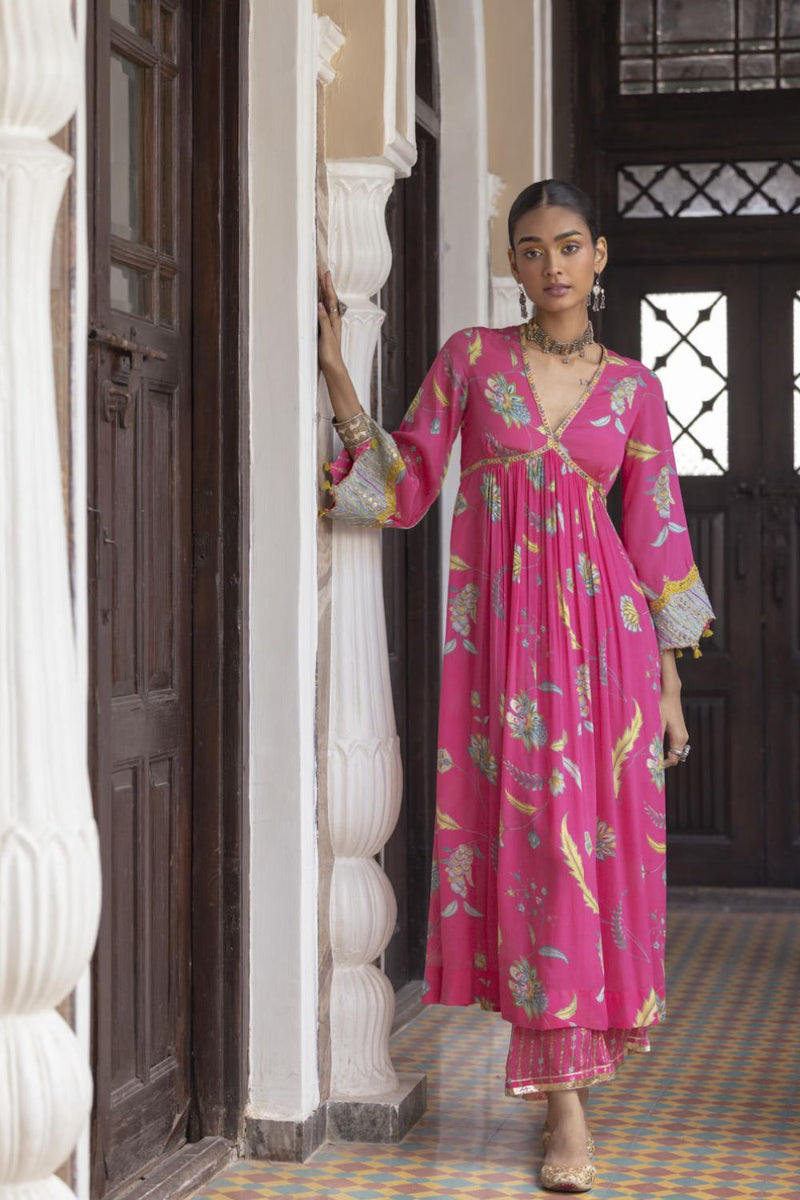Fariba Hot Pink Bell Sleeve Printed Kurta Set Kurta Sets by Rajiramniq for women in Singapore