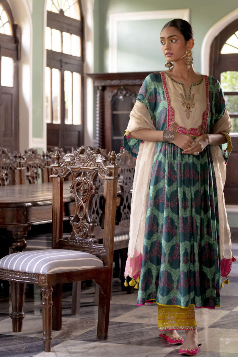 Fariba Teal Green Ivory Yoke Kurta Set Kurta Sets by Rajiramniq for women in Singapore