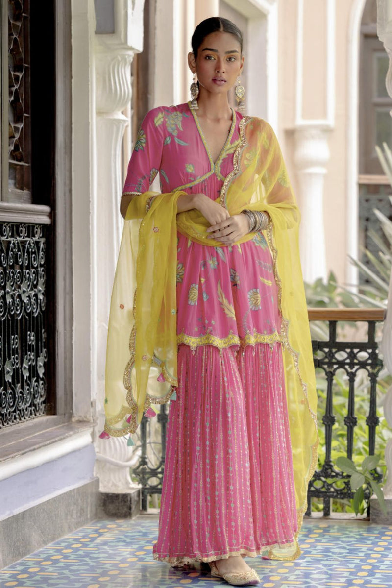 Fariba Bright Pink Printed Scallop Gharara Set Kurta Sets by Rajiramniq for women in Singapore