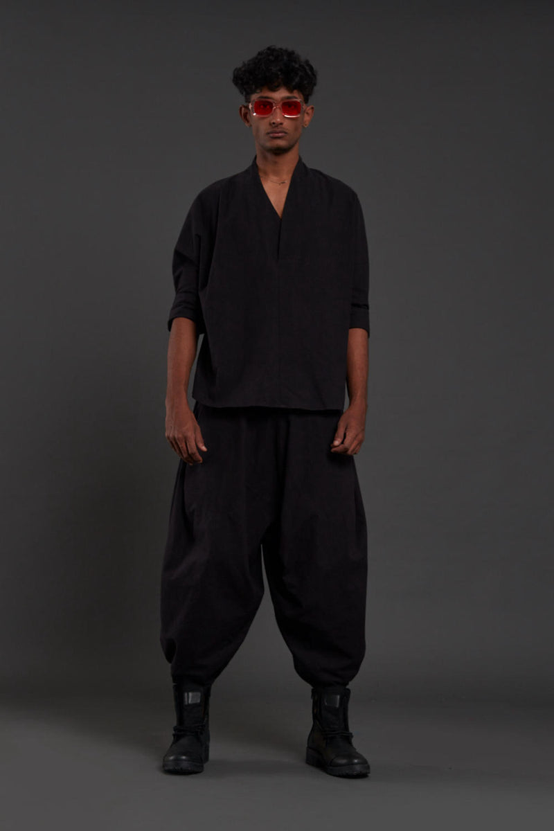 Black Overlap Shirt & Baggy Pants Bottoms by Mati Men for men in Singapore