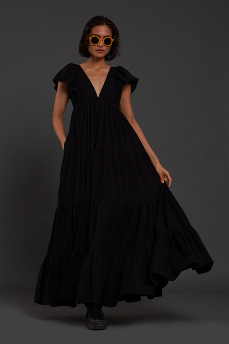 Black Tiered Gown Dress by Mati in black color for women in Singapore