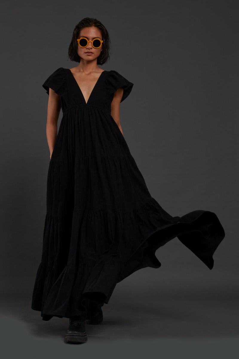 Black Tiered Gown Dress by Mati in black color for women in Singapore