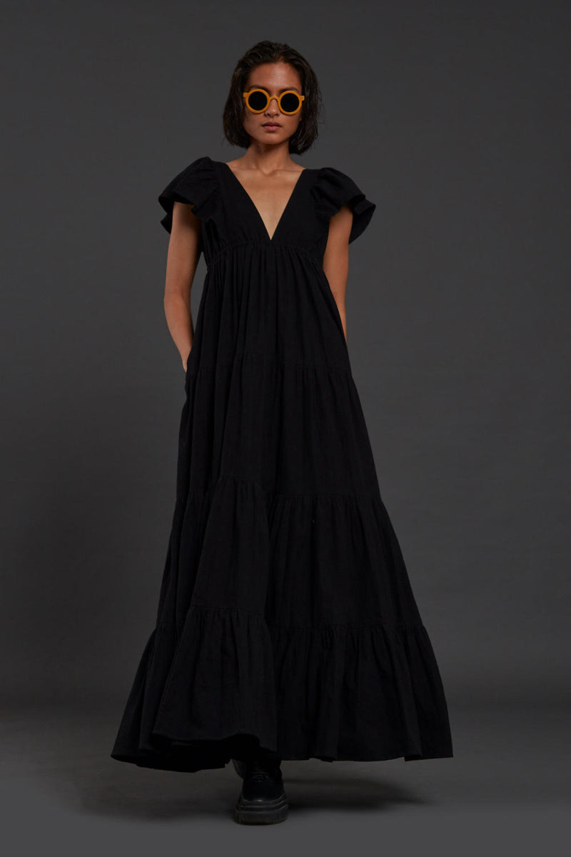 Black Tiered Gown Dress by Mati in black color for women in Singapore