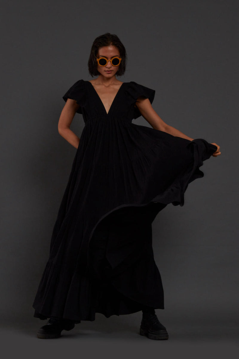 Black Tiered Gown Dress by Mati in black color for women in Singapore