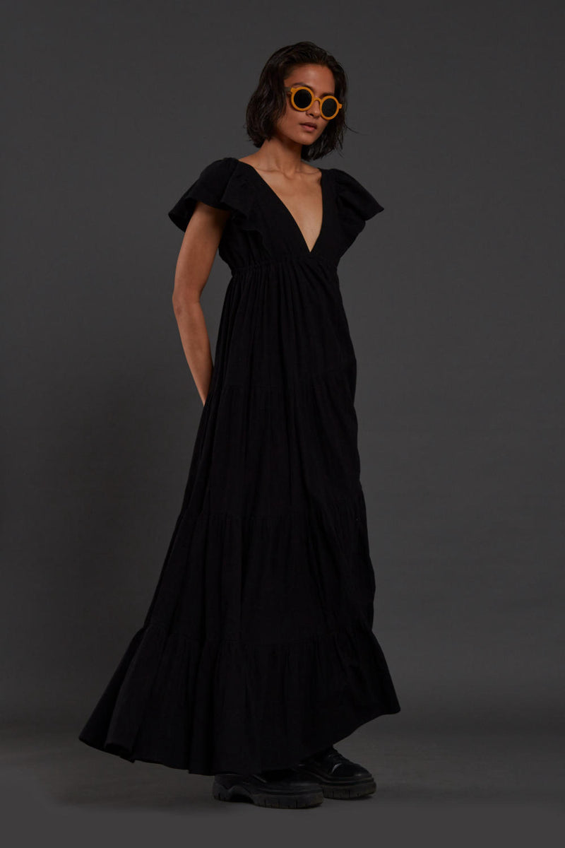 Black Tiered Gown Dress by Mati in black color for women in Singapore